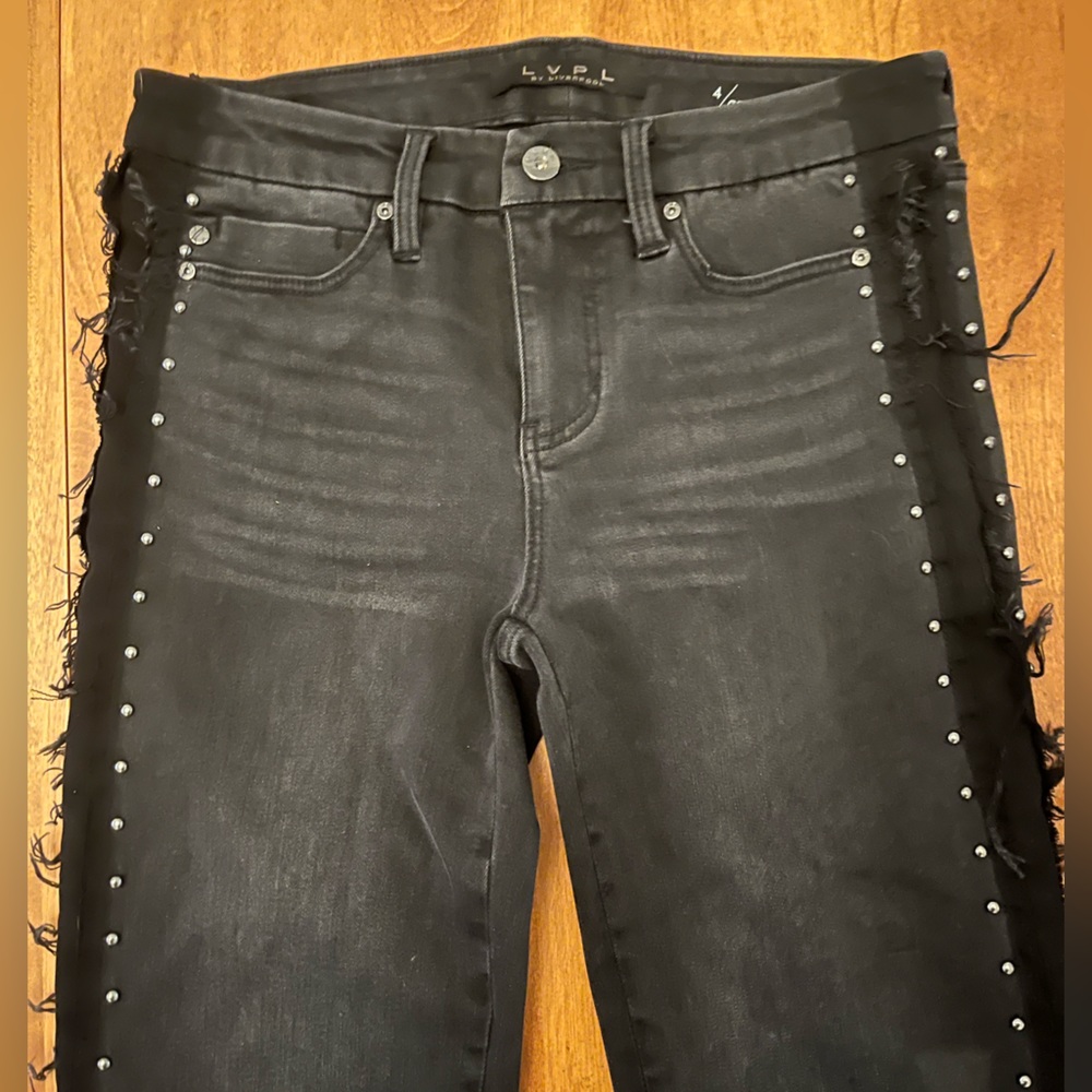 Liverpool Sadie Distressed and Studded Straight-Leg Jean, size 4/27.